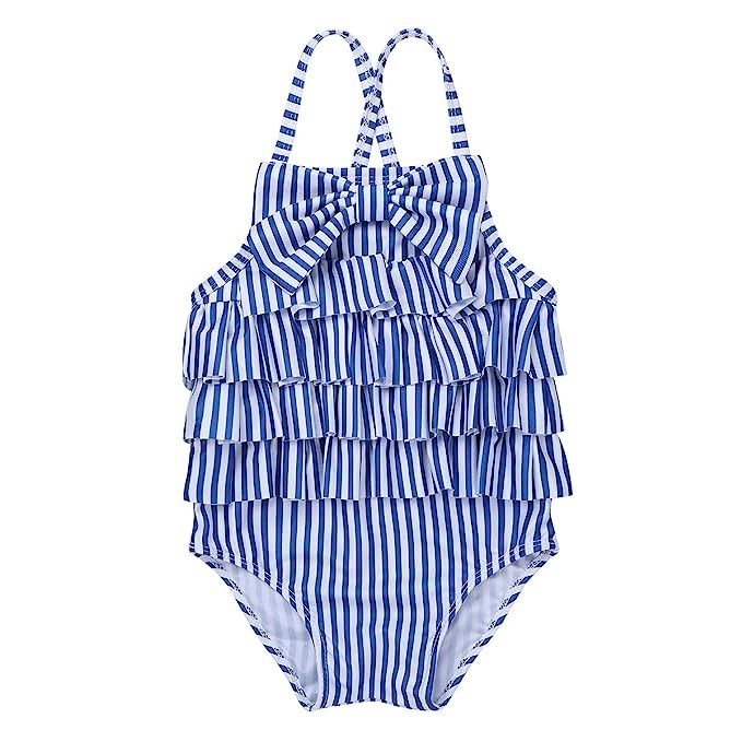 FEESHOW Toddler Baby Girls One Piece Striped Swimsuit Cutie Bowknot Ruffle Swimwear Bathing Suit | Amazon (US)