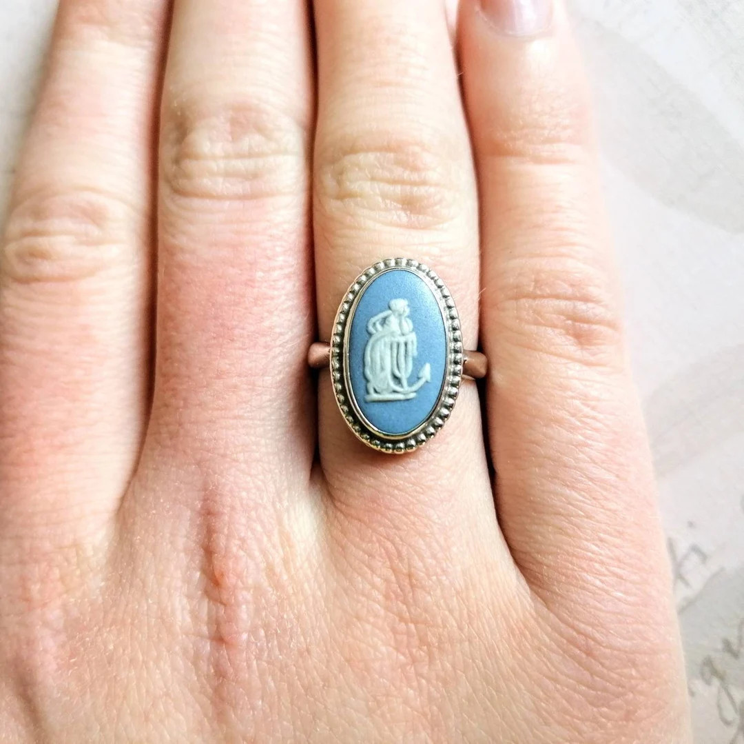 Wedgwood Ring Light Blue Jasperware Cameo, Hope and Anchor Sterling Silver Classical Nautical Tal... | Etsy (US)