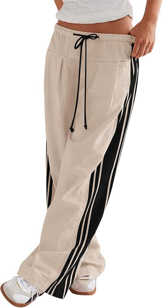 LOMON Pants for Women Wide Leg Side Striped Pants Drawstring Baggy Palazzo Work Trousers with Poc... | Amazon (US)