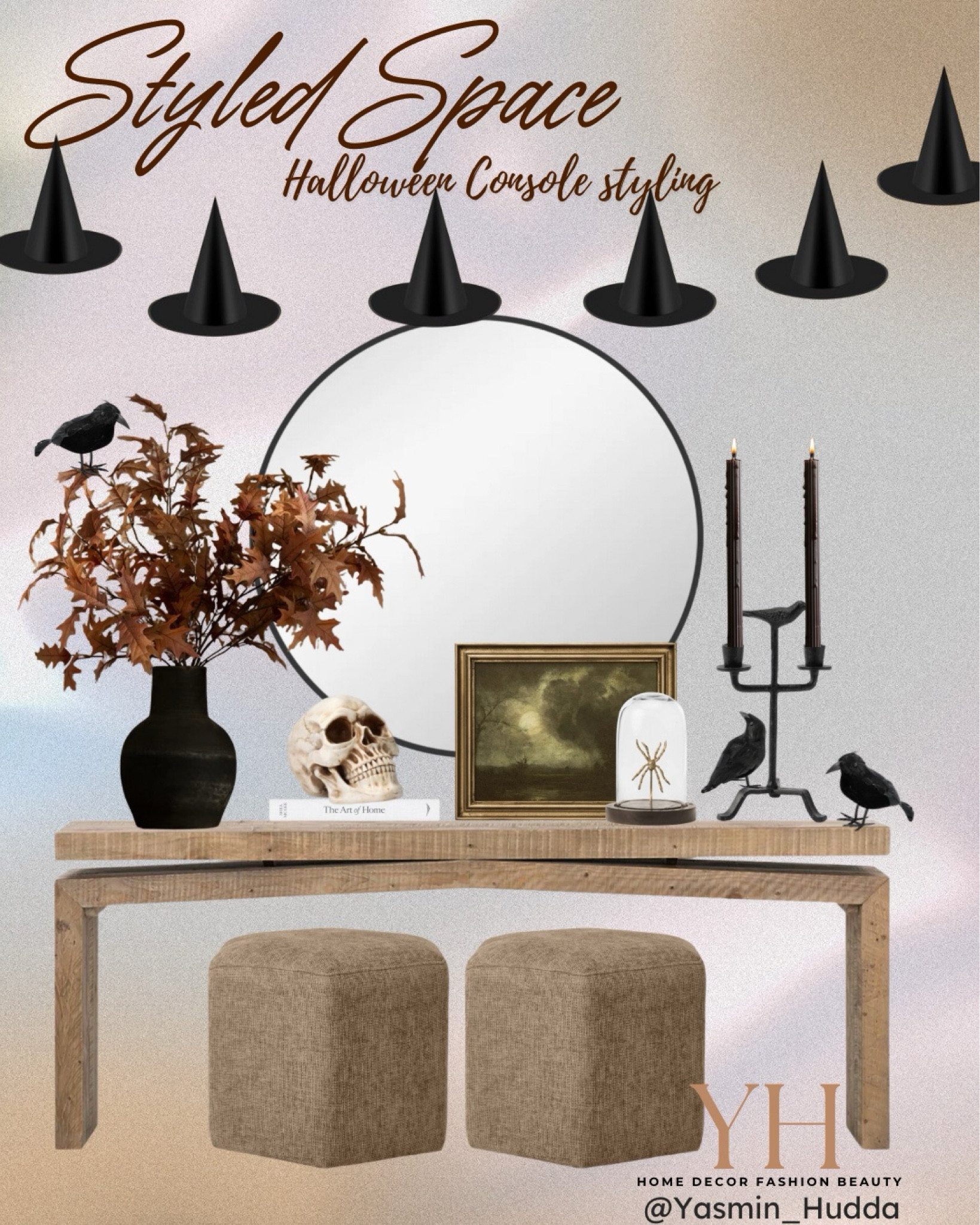 Halloween console table styling inspiration.
Studio McGee 
McGee & Co console table styling
Ottomans
Fall stems
Vase
Skull
Crows
Hanging Witch hats
McGee and co new halloween collection 

#LTKSeasonal #LTKHome #LTKStyleTip