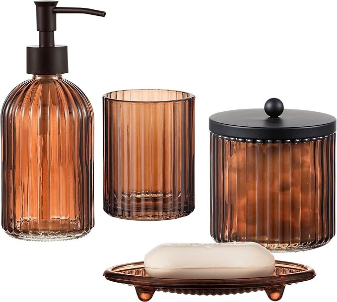 4PCs Heavy Weight Decent Glass Bathroom Accessories Set with Decorative Pressed Pattern - includes Hand Soap Dispenser & Tumbler & Soap Dish & Toothbrush Holder (Brown) | Amazon (US)