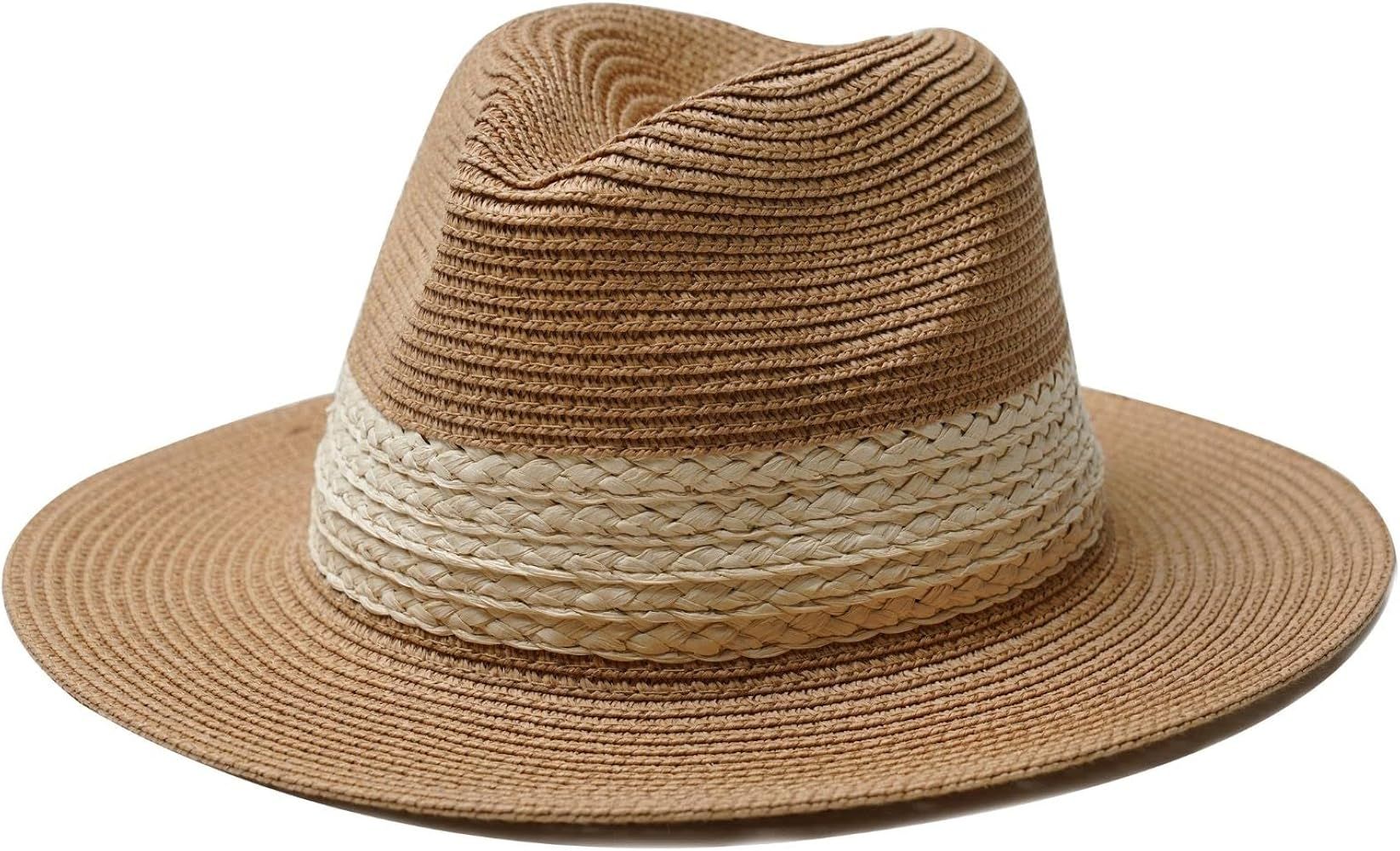 accsa Straw Panama Hat for Women Stylish Wide Brim Sun Hat Adjustable Beach Hats Ladies Summer Fedor | Amazon (US)