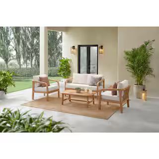 Orleans 4-Piece Eucalyptus Wood Patio Conversation Set with CushionGuard Almond Cushions | The Home Depot