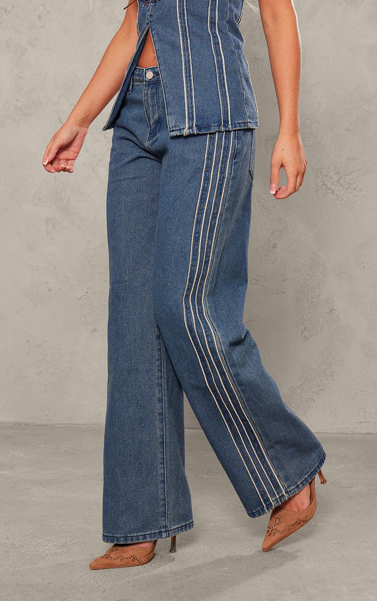 Indigo Raw Stripe Detail Straight Leg Jeans | PrettyLittleThing US