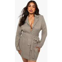 boohoo Women's Plus Obi Check Blazer Dress in Stone | Size: 24 | Polyurethane | boohoo (US & Canada)