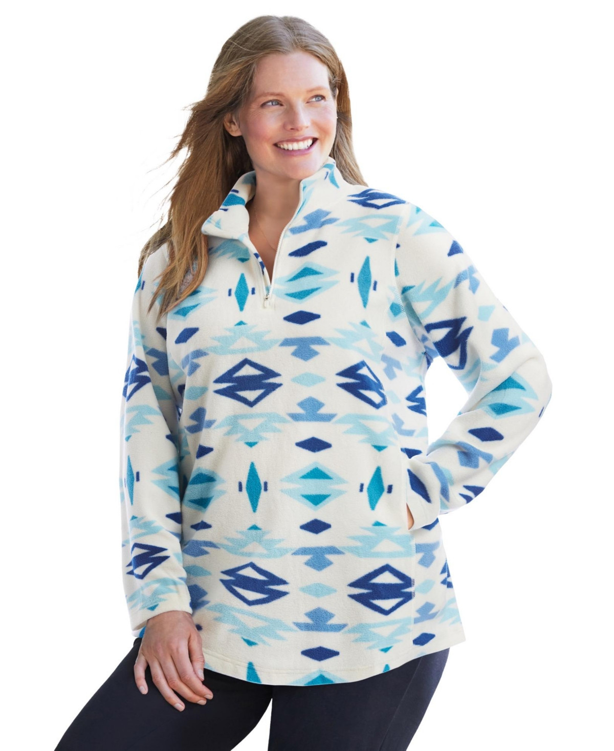 Woman Within Women's Within Microfleece Quarter-Zip Pullover - Ivory aztec | Macy's