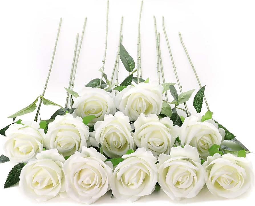 12Pcs White Roses Artificial Flowers Fake Roses Faux Velvet Silk Flower for Home Wedding Decorati... | Amazon (US)