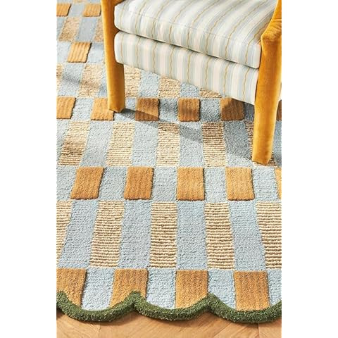 Hand-Tufted Scalloped Wool Area Rug 7' x 10' – Modern Plaid Checkered Pattern - Mustard Yellow,... | Amazon (US)