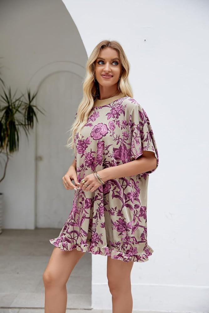 Women's Summer Vintage Velvet Dress Floral Printed Mini Flowy Dress Round Neck Short Sleeve Dress | Amazon (US)