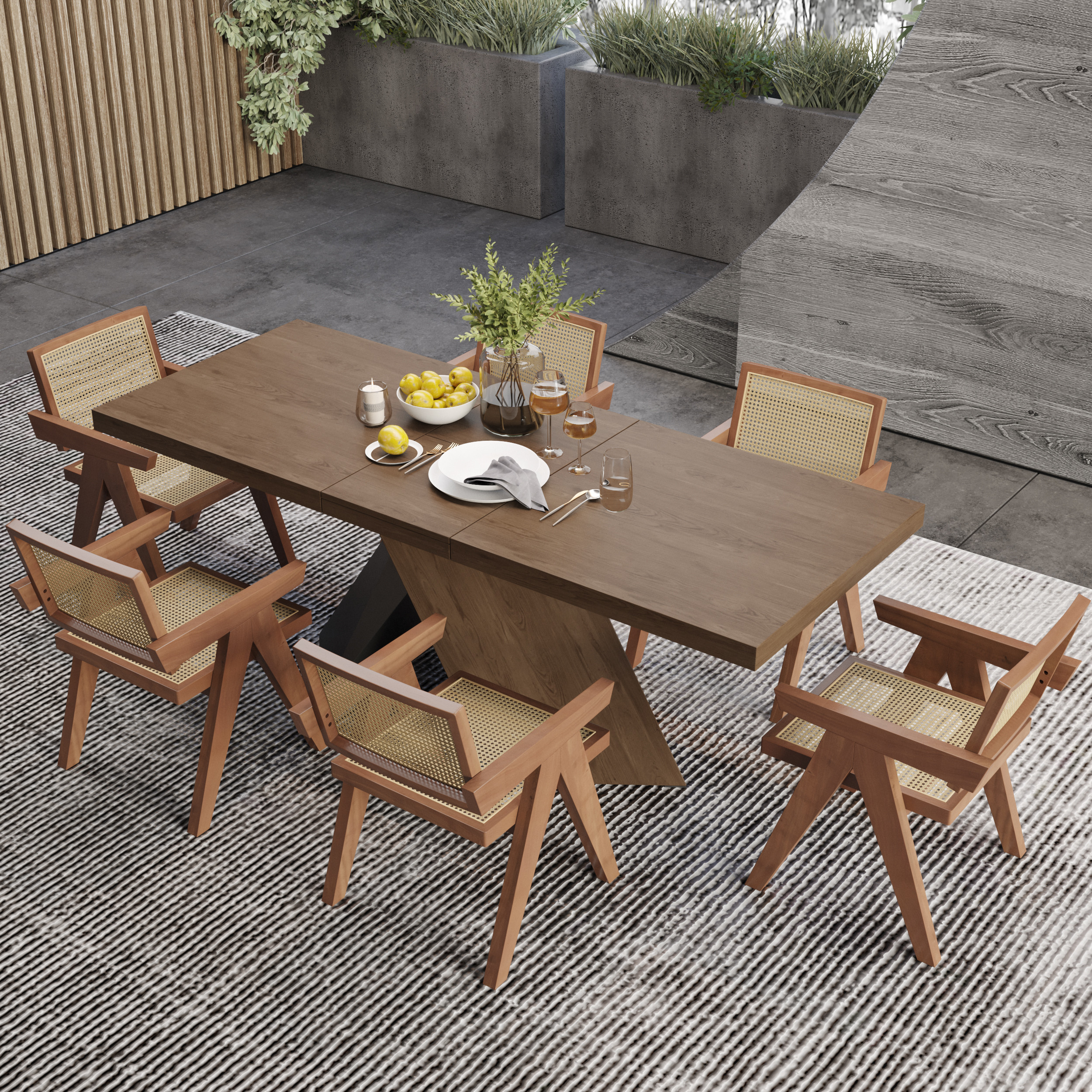 Dining Table Set 63"-79" Rectangle Extendable Dining Table & 6 Archic Japandi Rattan Dining Chairs | Homary