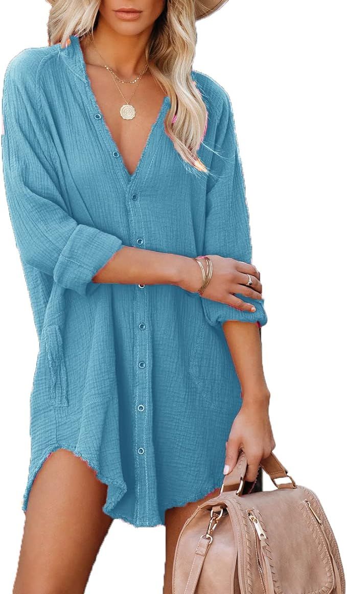 Paintcolors Women's Long Sleeve Button Down Tunic Dresses Beach Cover-ups Oversized Blouse Tops w... | Amazon (US)