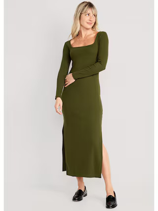 Fitted Rib-Knit Square-Neck Midi Dress for Women | Old Navy (US)