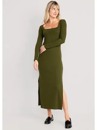 Fitted Rib-Knit Square-Neck Midi Dress for Women | Old Navy (US)