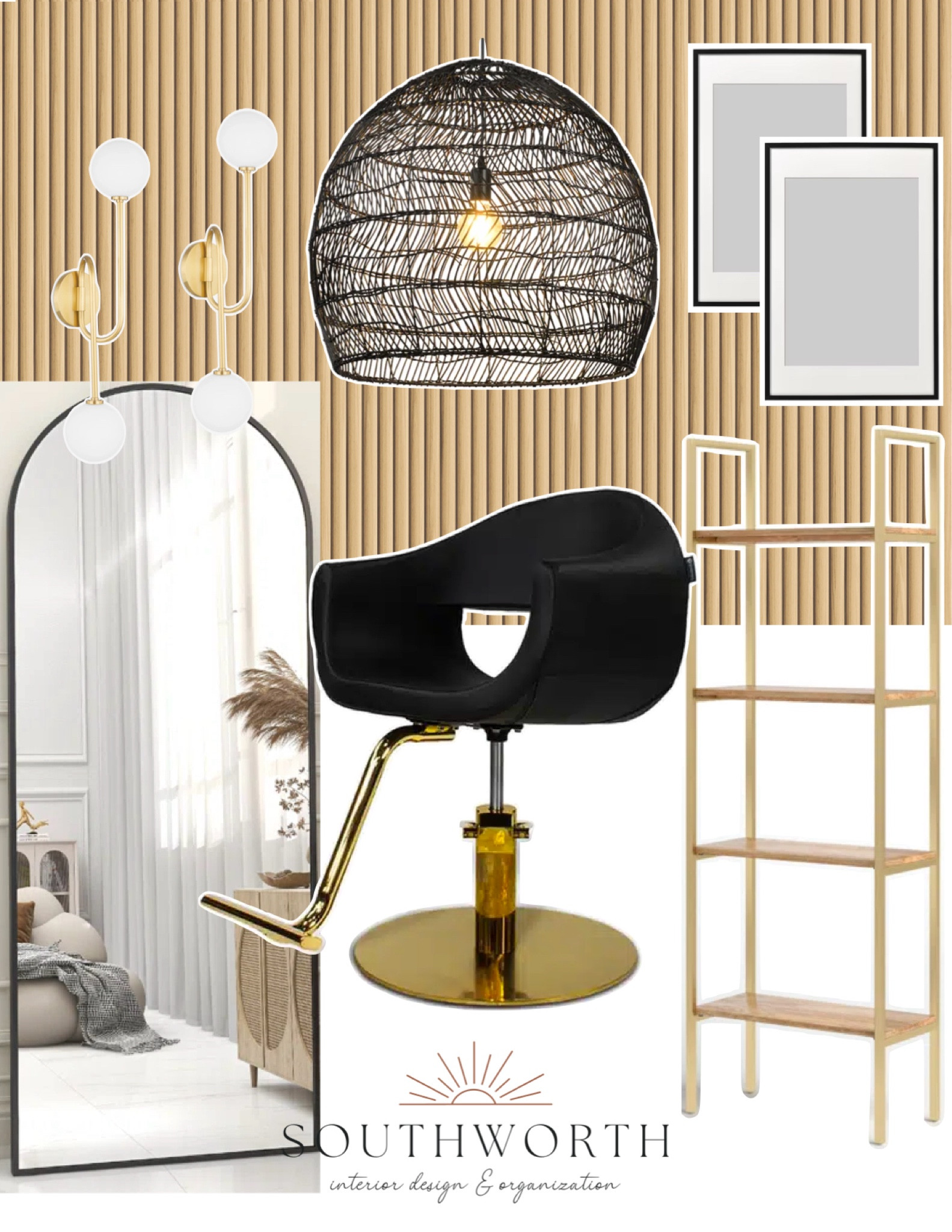 Fun black, gold, and light wood tone salon suite design!

rise + SHINE
Southworth Design

#archmirror #floorlengthmirror #bookshelf #pendantlight #rattanpendant #sconce #wayfair #luluandgeorgia #largeframe

#LTKsalealert #LTKbeauty #LTKhome
