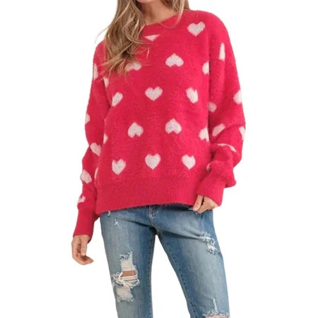Nygoyerh Women s Sweater Red Long Sleeve Knitwear Crew Neck Jumpers Tops Heart Print Pullover Trend Clothes for Valentine s Day | Walmart (US)
