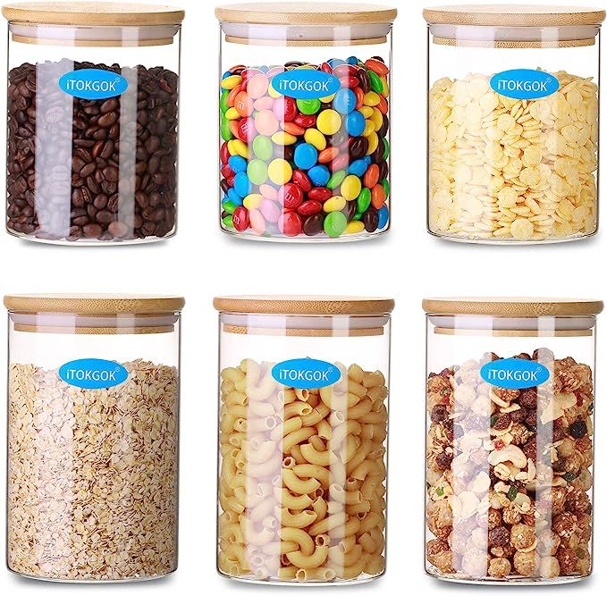 Canister Set of 6, Glass Kitchen Canisters with Airtight Bamboo Lid, iTokGok Glass Storage Jars f... | Amazon (US)