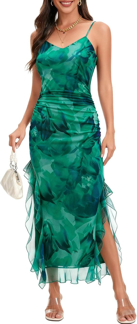 DRESSTELLS Women's Summer Floral Wedding Guest Spaghetti Strap Maxi Long Mesh Ruched Slit Beach D... | Amazon (US)