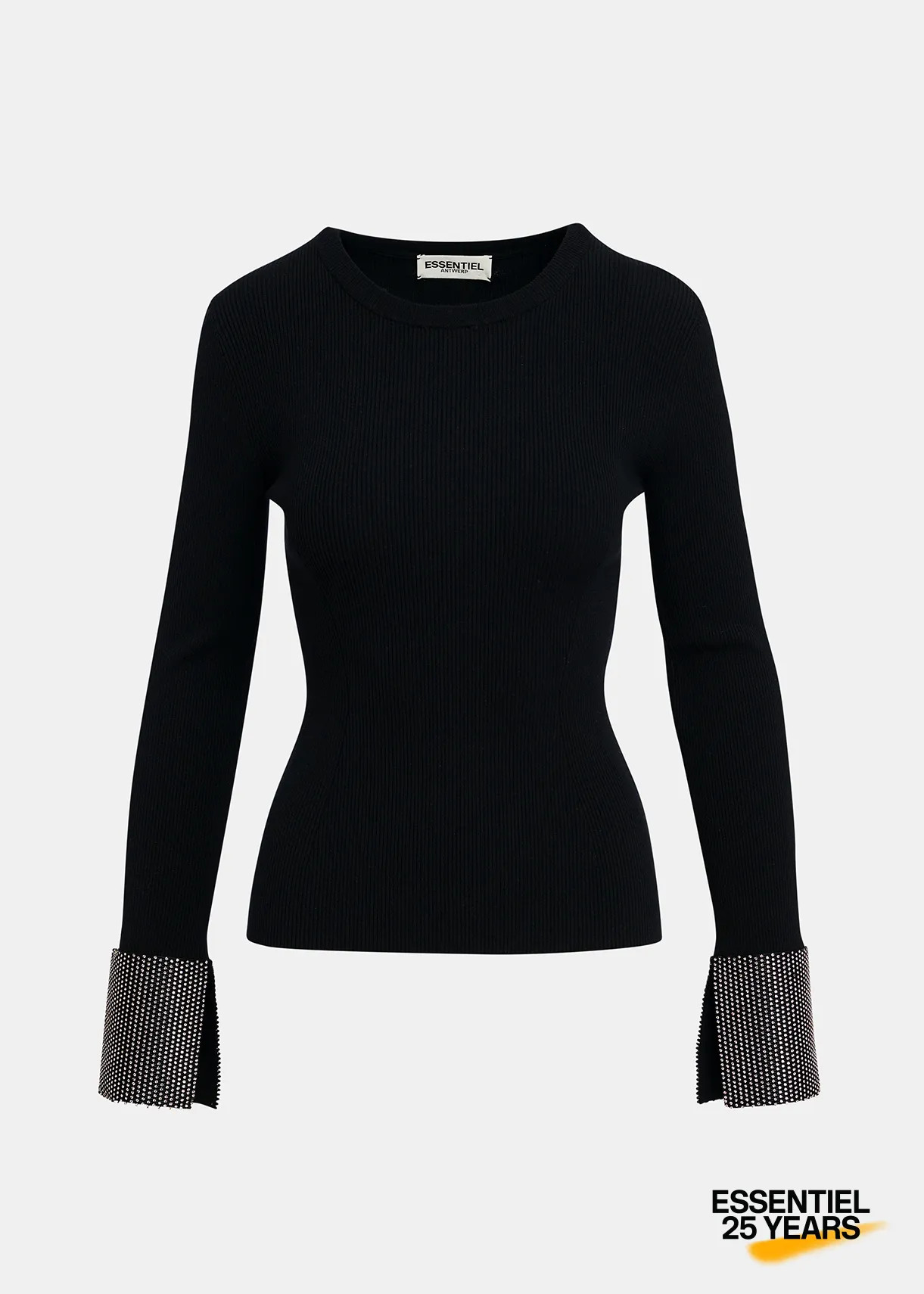 Black rib-knitted sweater with rhinestone-embellished cuffs - 25 year exclusive | Essentiel Antwe... | Essentiel Antwerp