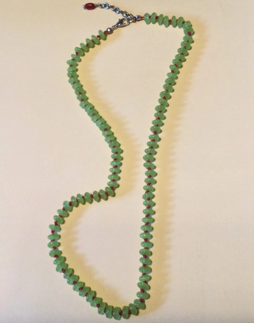Green Serpentine Rondelle Necklace, Hand-knotted Red Silk Thread, 17" Length - Etsy | Etsy (US)