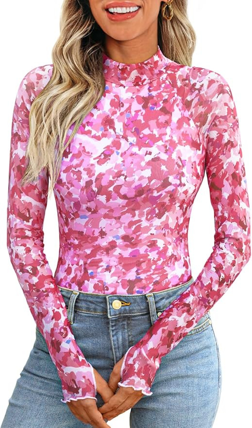 Dealmore Lace Sheer Floral Mesh Mockneck Going Out Tops for Women Fall Fashion Spring Outfits 202... | Amazon (US)
