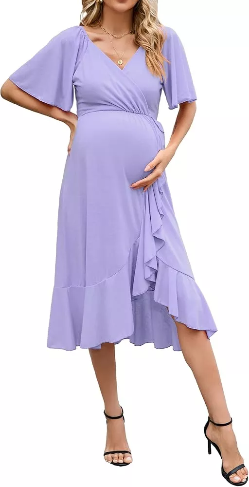 FUNJULY Maternity Dress Women's V-Neck Puff Sleeve Pleated Maternity Maxi  Dress for Baby Shower or Casual Wear : : Clothing, Shoes 