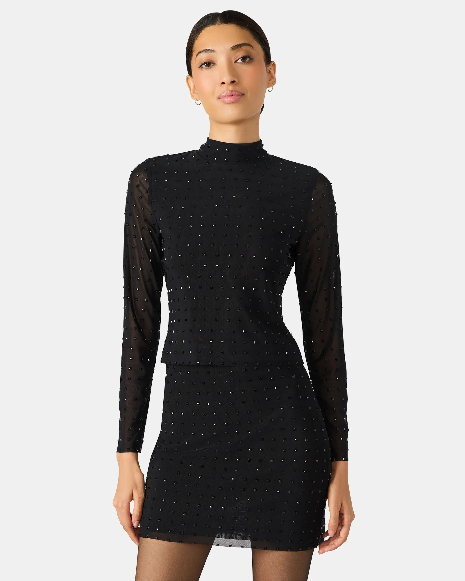 MELVINA Black Long Sleeve Mesh Top | Women's Designer Clothing | Steve Madden (Canada)