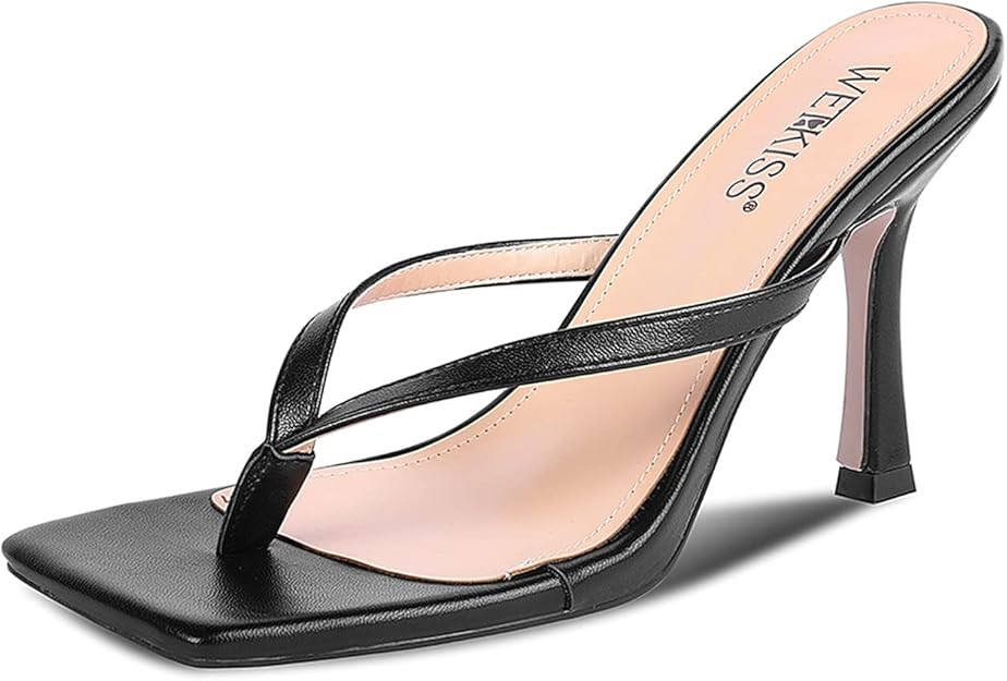 WETKISS Women's Heeled Sandals Square Toe Heels Flip Flop Heels Thong Sandals Slides Kitten Slip ... | Amazon (US)
