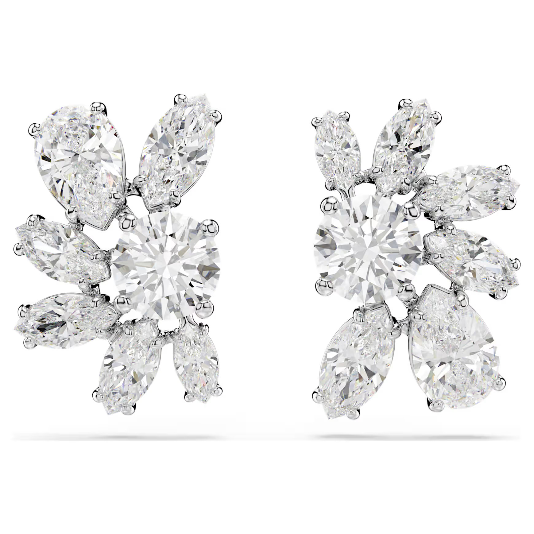 Mesmera stud earrings, Mixed cuts, Flower, White, Rhodium plated by SWAROVSKI | SWAROVSKI