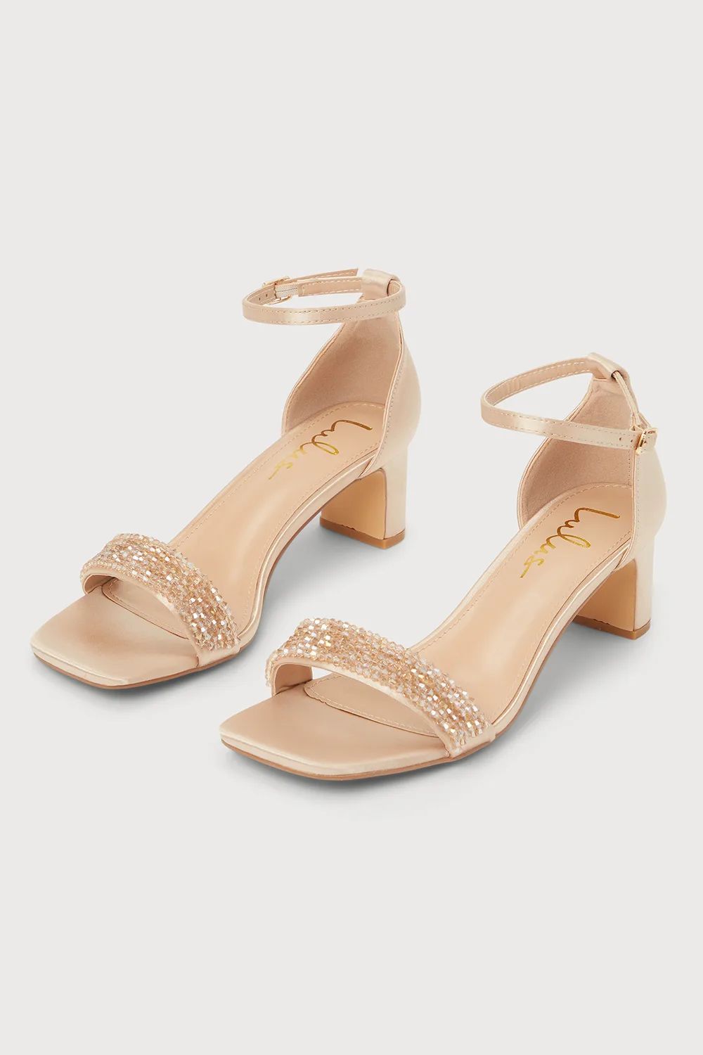 Kainda Champagne Satin Beaded Ankle Strap Heels | Lulus (US)