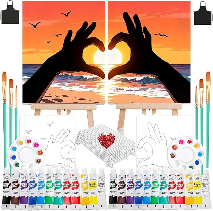 QUANWAISJ 2 Sets 10x12 Sip and Paint Kit for Adults,Couples Painting Kit Date Night,with Pre-Draw... | Amazon (US)
