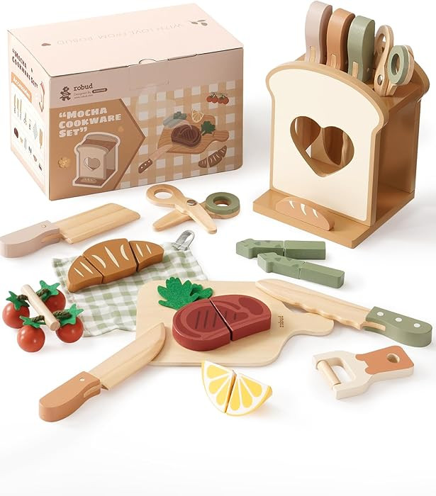 ROBUD 16pcs Kids Play Kitchen Knife Set - Wooden Cooking Playset, Montessori-Inspired Pretend Kit... | Amazon (US)