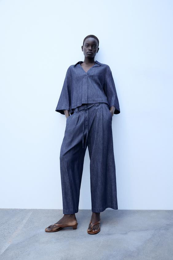 Zara - Linen Blend Shirt - Indigo - L - Woman | Zara AU