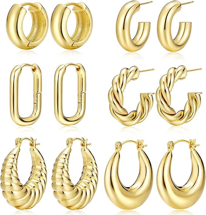 Amazon.com: Gold Hoop Earrings for Women, Chunky Hoops Set Lightweight, 14K Gold Plated Thick Hoo... | Amazon (US)