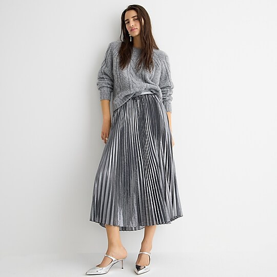 Pleated silver lamé midi skirt | J. Crew US