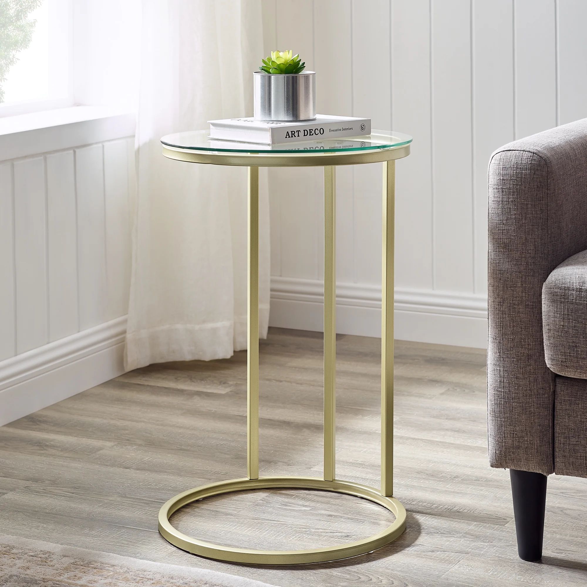 Ember Interiors Modern Glam Athena C-Shaped End Table, Glass/Gold | Walmart (US)