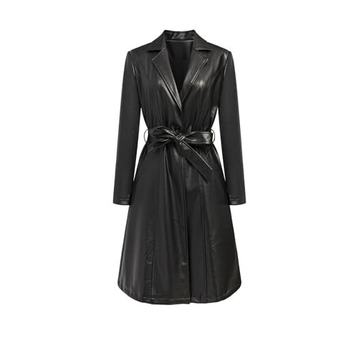 Women's Black Length Faux Leather Trench Coat Long Sleeve Motorcycle Button Biker Overcoat With Belt | Amazon (US)