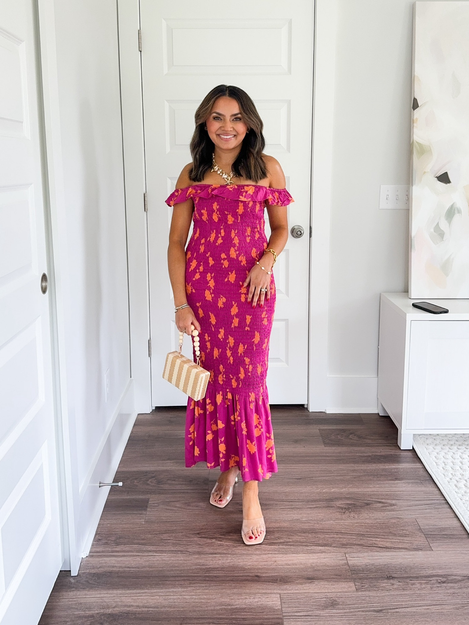 Pink off the shoulder smocked midi dress size XS TTS 
Clear heels size 5 TTS 

Wedding guest Dress 
Summer dress 
Wedding guest 
Travel outfit 
Country concert outfit 
Anthropologie 
Vacation outfit 
Resort wear 
 Honey Sweet Petite 
Honeysweetpetite

#LTKStyleTip #LTKSummerSales #LTKParties