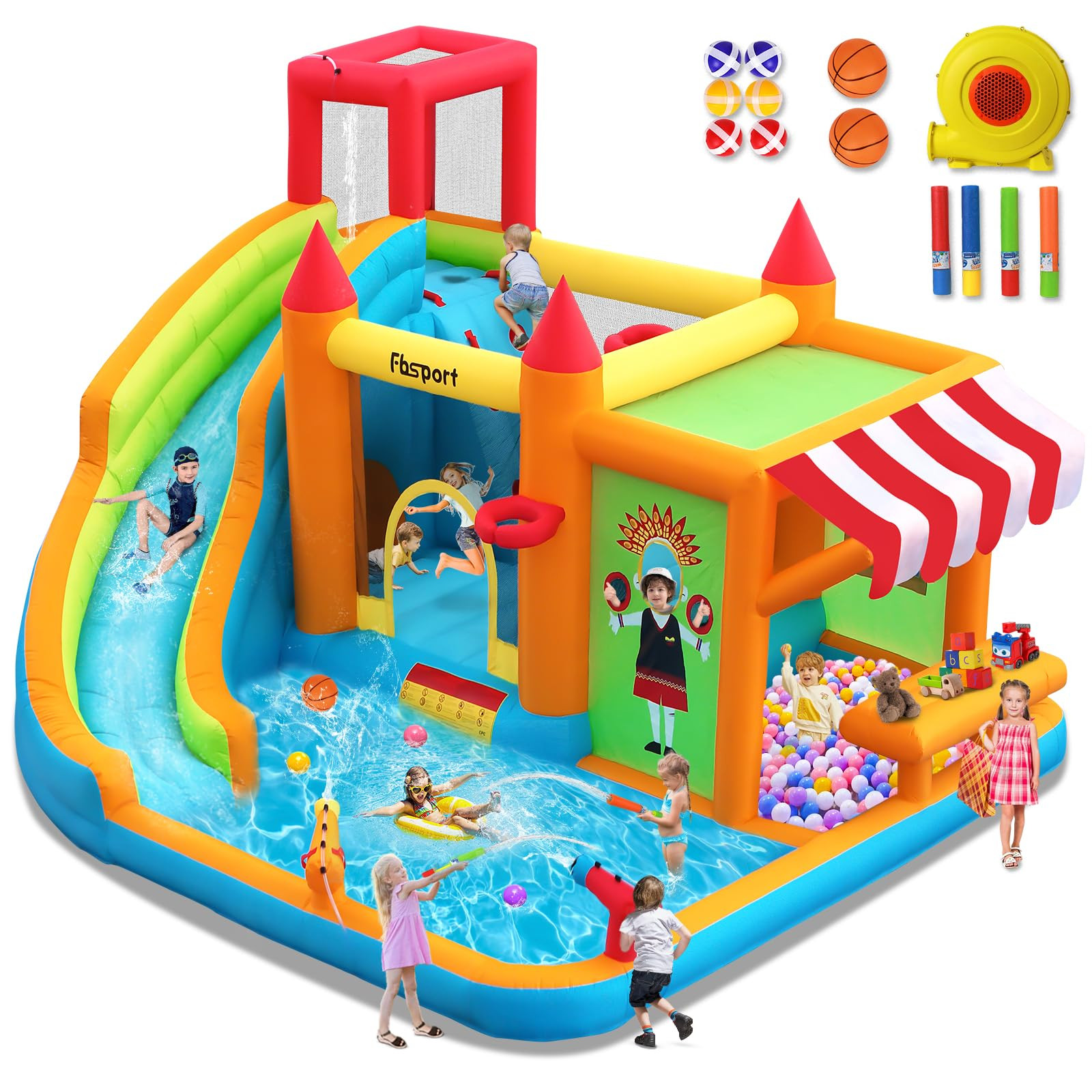 FBSPORT Inflatable Bounce House Water Slide, Bounce House for Kids with Toy Market Stand Splash P... | Amazon (US)