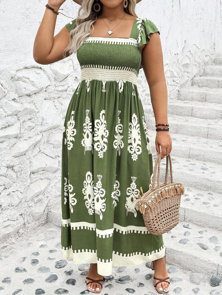SHEIN VCAY Plus Size Women Summer Floral Print Square Neck Flutter Sleeve Maxi Dress | SHEIN