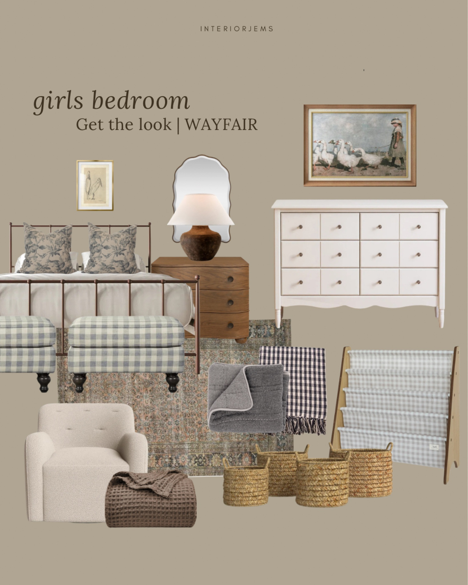 Wayfair girls bedroom, get the look, scalloped white dresser, super affordable, metal, twin bed, one of my favorite accent chairs is a look for less, set of baskets, the cutest book holder on a table, lamp, bun, foot, nightstand, chest of drawers, bedding, brown blanket, throw pillow,vintage style area

#LTKSaleAlert #LTKHome #LTKStyleTip