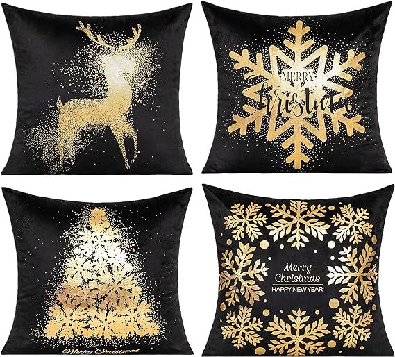 Amazon.com: All Smiles Black Christmas Gold Throw Pillow Covers Xmas Boho Cases Decorations 18X18... | Amazon (US)