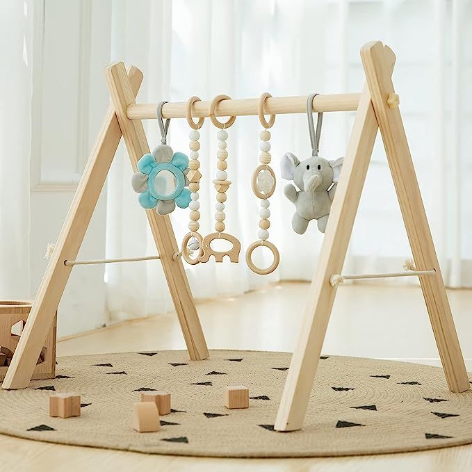 Wooden Baby Play Gym, Foldable Baby Play Gym Frame Activity Gym Hanging Bar with 5 Gym Baby Toys ... | Amazon (US)