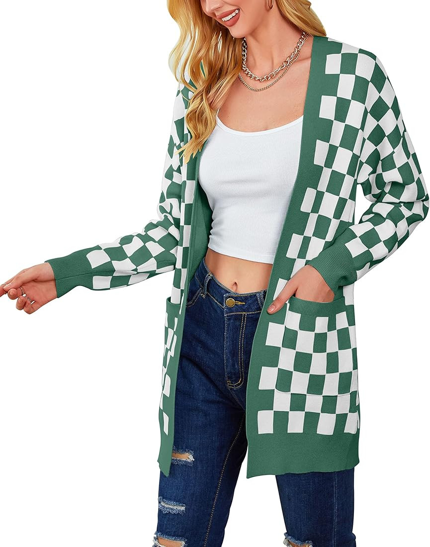 MEROKEETY Womens Plaid Long Sleeve Open Front Cardigan Pockets Knit Sweater Coat | Amazon (US)