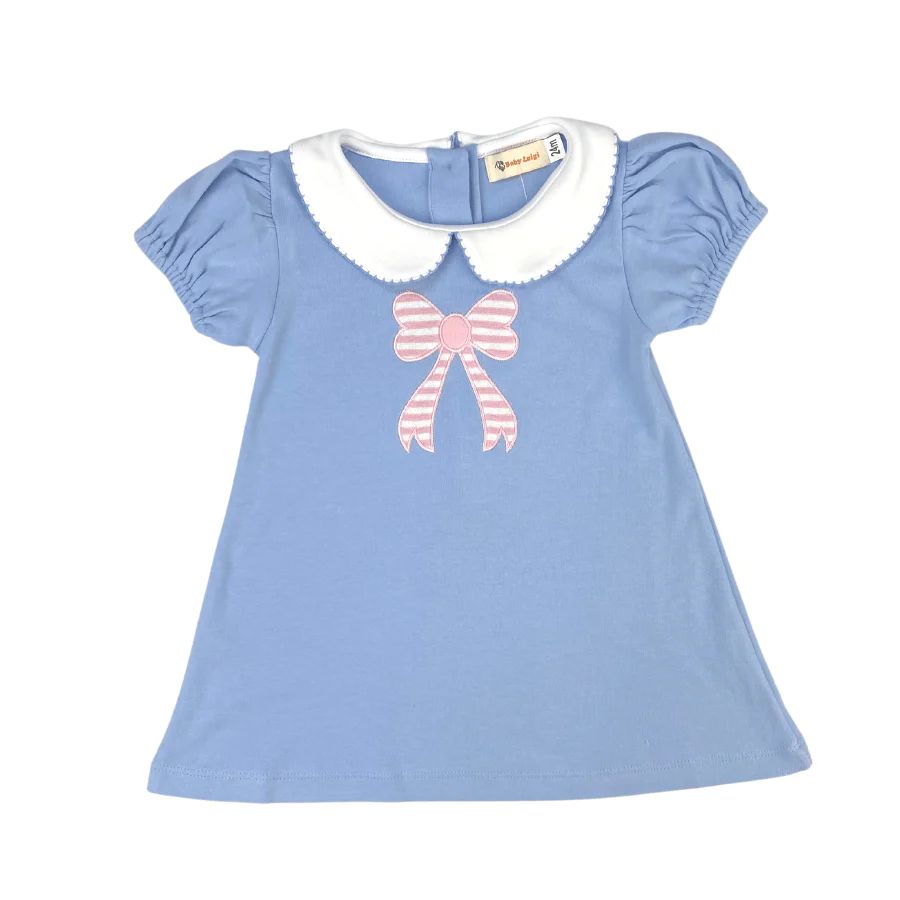 a-line sky blue dress with pink stripe bow appliqué | Ellifox