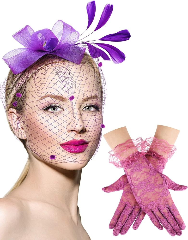 Boao Bowknot Fascinator Hat Tea Party Hat Feathers Veil Mesh Headband and Short Lace Gloves Flora... | Amazon (US)