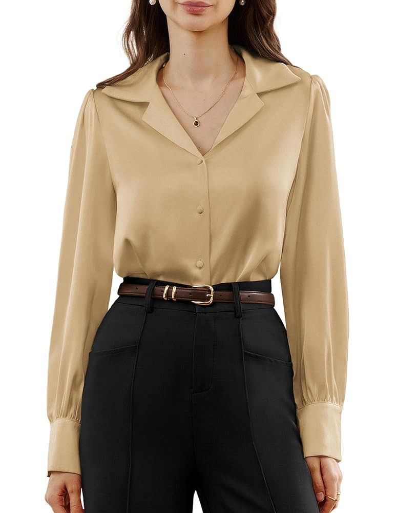 Belle Poque Women's Satin Blouses Long Sleeve Button Down Work Shirts Silk Business Casual Collar... | Amazon (US)