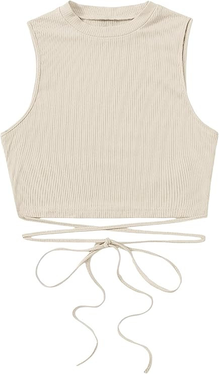 SheIn Women's Crisscross Tie Back Crop Top Sleeveless Round Neck Tank Tops | Amazon (US)