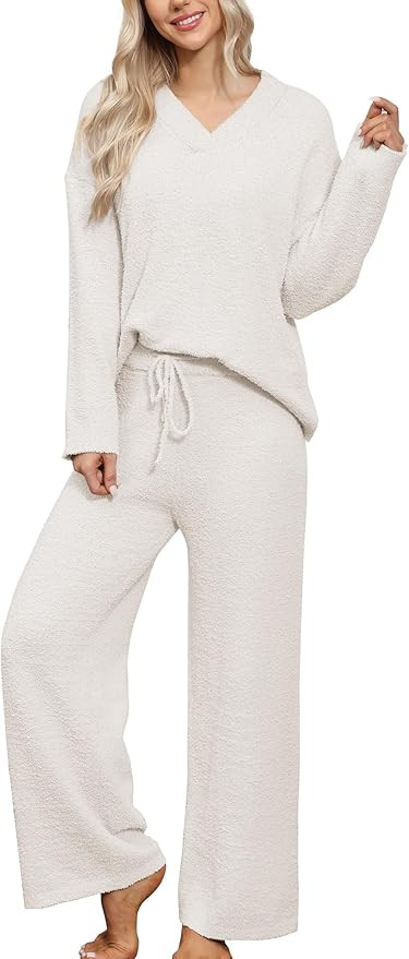 HNG Lounge Sets for Women Two Piece Outfits Fuzzy Fleece Pajama Set Long Sleeve Pullover Sweater ... | Amazon (US)