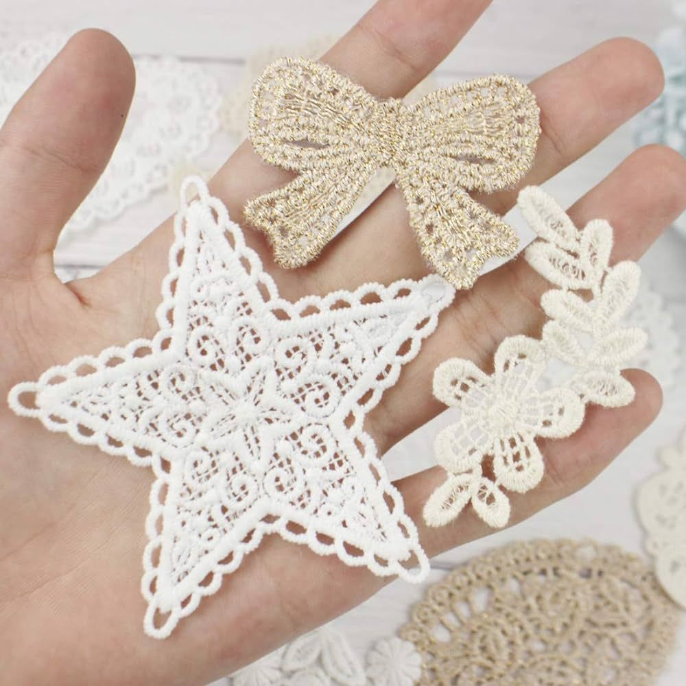 IDONGCAI Daisy Flower Lace Applique Patch Set-Include Sunflower,Daisy,Bowknots,Swan,Leather Label,Buttons,Used for Clothes, Junk Journals,Office Decoration,Wedding Party, DIY Sew Crafts | Amazon (US)