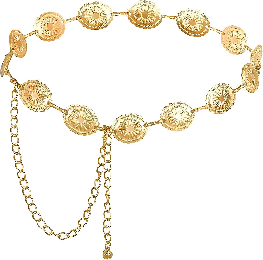 Gold Colour Belt,Western Metal Concho Belt,Hollow Out Daisy Chain Belt,Gold Cowgirl Belt,Women's ... | Amazon (UK)